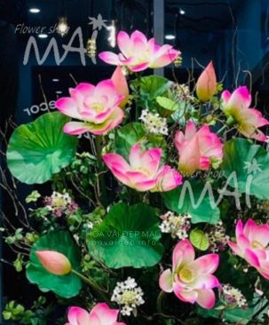 Cành hoa sen giả bông lớn PU cắm chung với nụ sen lớn và lá sen cao su
