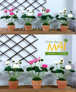 Lọ hoa sen trắng và hồng giả loại nhỏ 621HN - 621HN2 đựng trong lọ đất nung